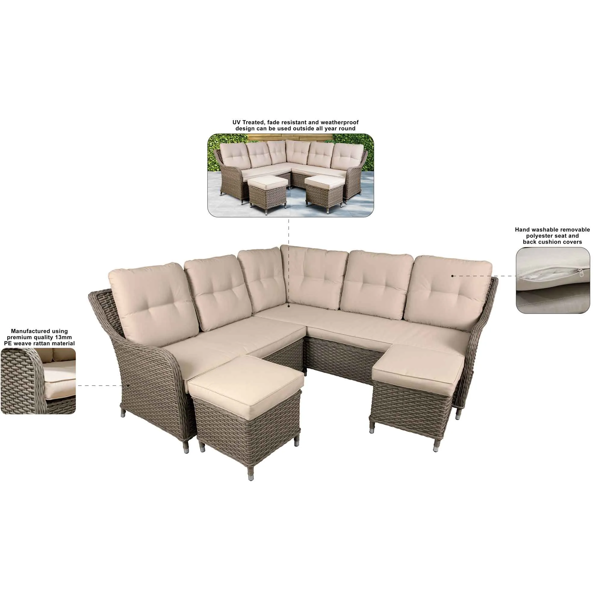 Chester Outdoor Rattan Wicker Corner Sofa & Adjustable Table Set, Brown - DG89