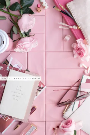 Coffee, Roses & Pink Notebook. Stock Photo