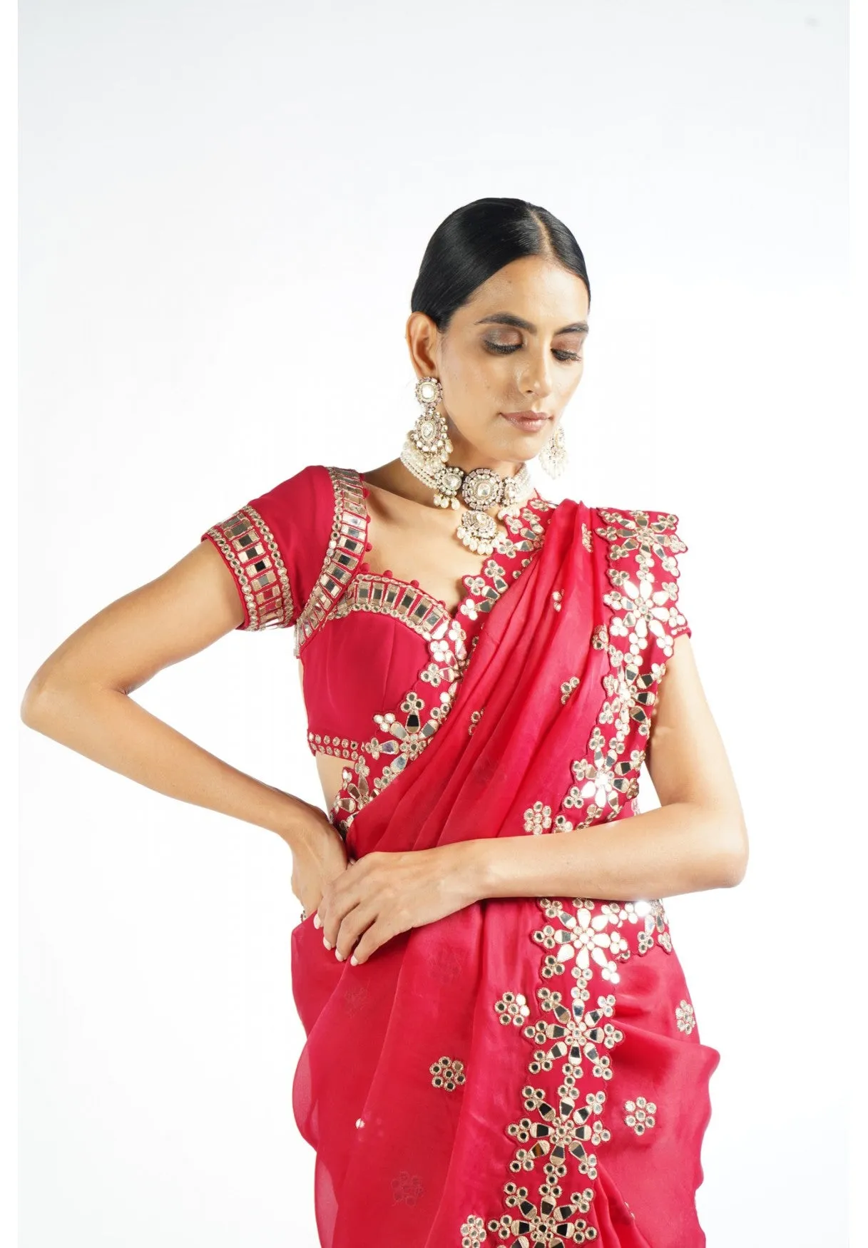 Crimson Red Mirror Work Saree