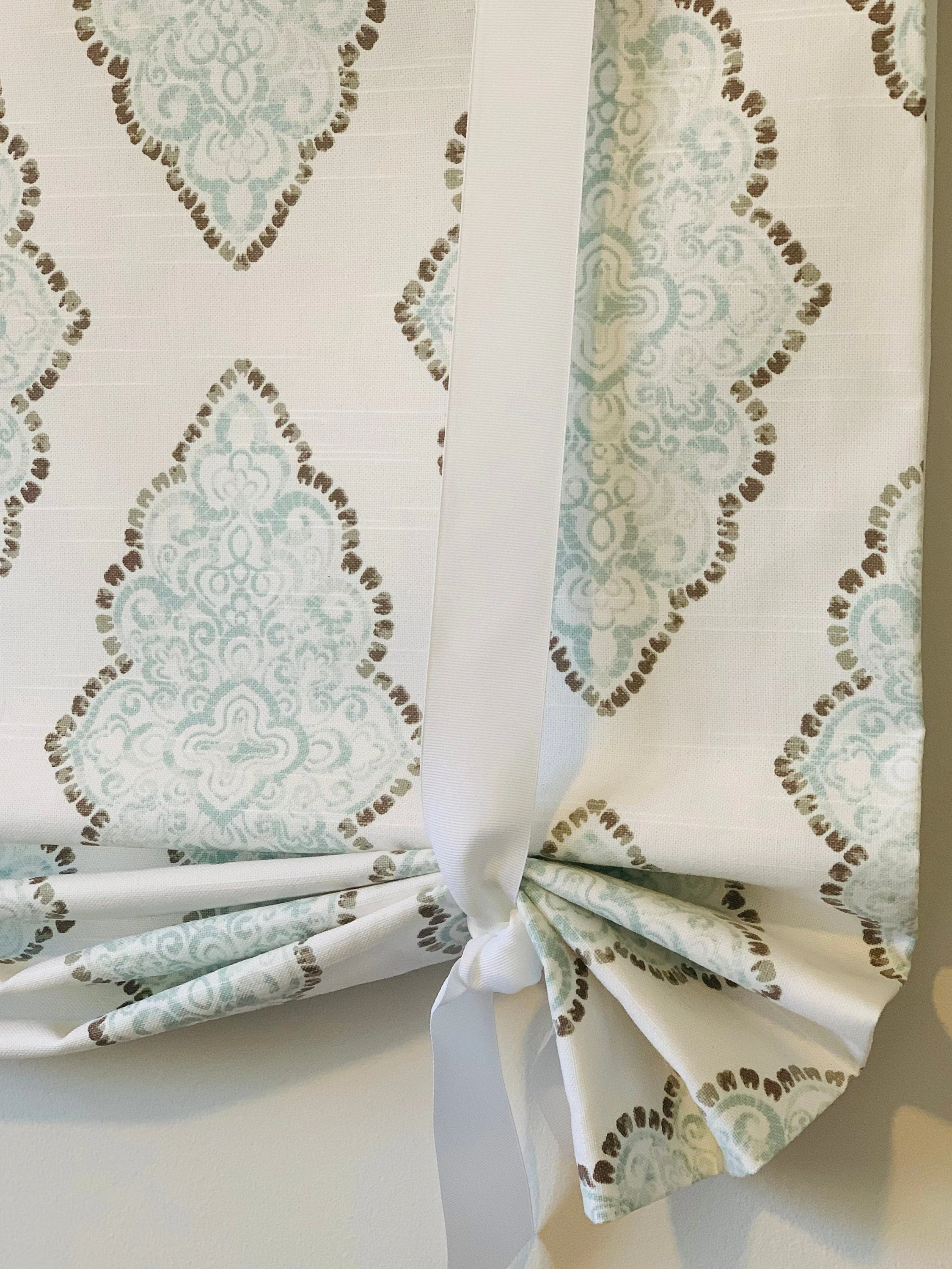 Custom Made, Fully Lined Tie Up Valance in Blue, White, Brown Damask Print, Relaxed Faux Roman Shade Valance, Monroe Snowy Cotton Slub