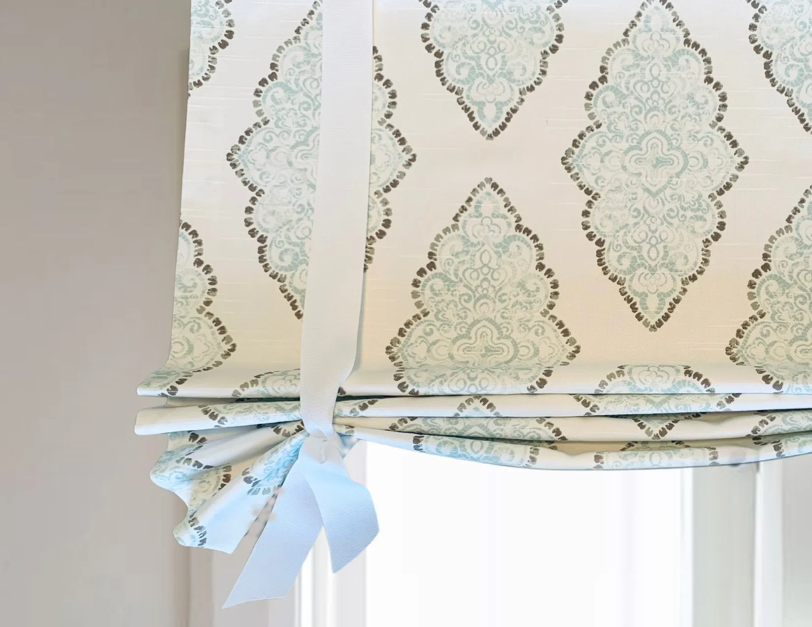 Custom Made, Fully Lined Tie Up Valance in Blue, White, Brown Damask Print, Relaxed Faux Roman Shade Valance, Monroe Snowy Cotton Slub