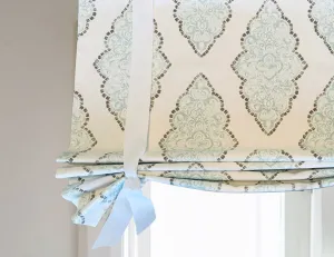 Custom Made, Fully Lined Tie Up Valance in Blue, White, Brown Damask Print, Relaxed Faux Roman Shade Valance, Monroe Snowy Cotton Slub