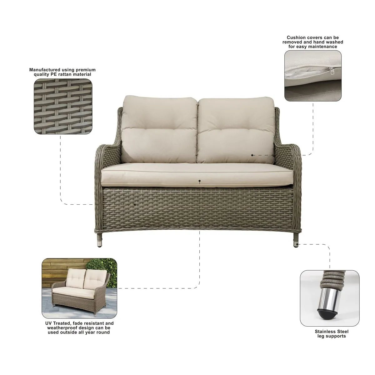 Dellonda Chester Rattan Wicker Outdoor Lounge 2-Seater Sofa with Cushion, Brown