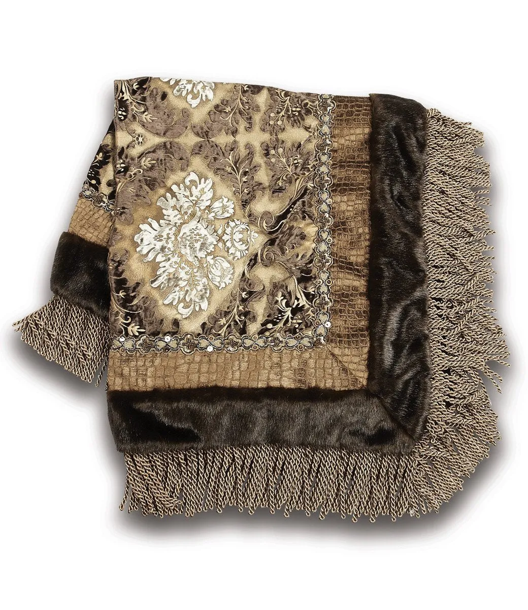 Designer Table Throw Chocolate, gold and silver damask