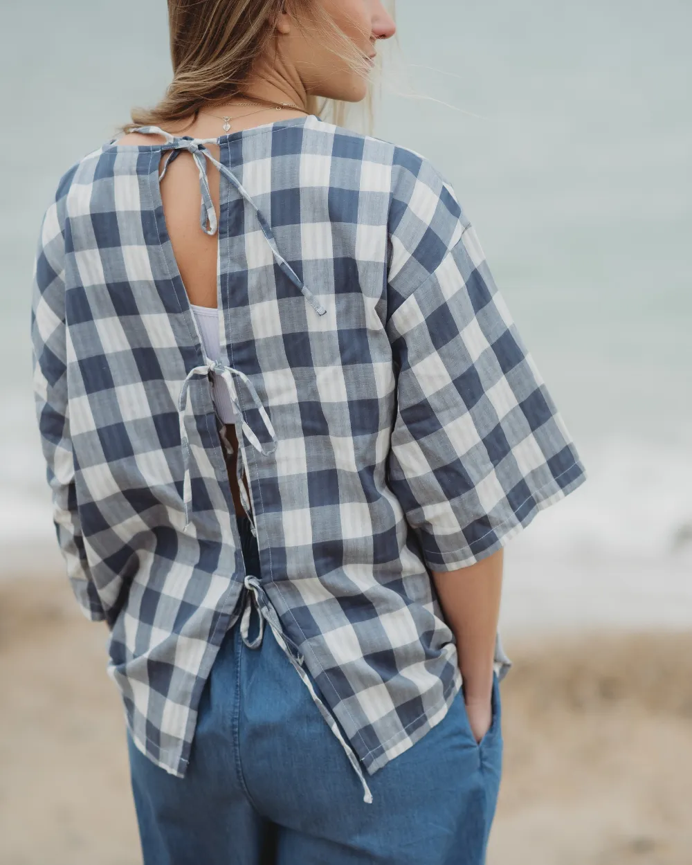 Doris Tie Back Blue Check Top