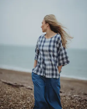Doris Tie Back Blue Check Top
