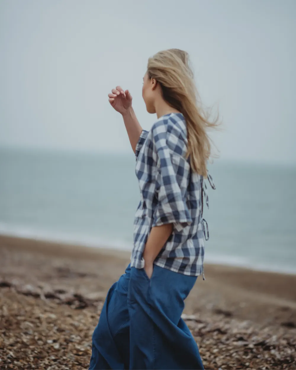 Doris Tie Back Blue Check Top