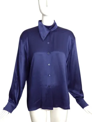 ESCADA- 1990s Navy Silk Blouse, Size-10