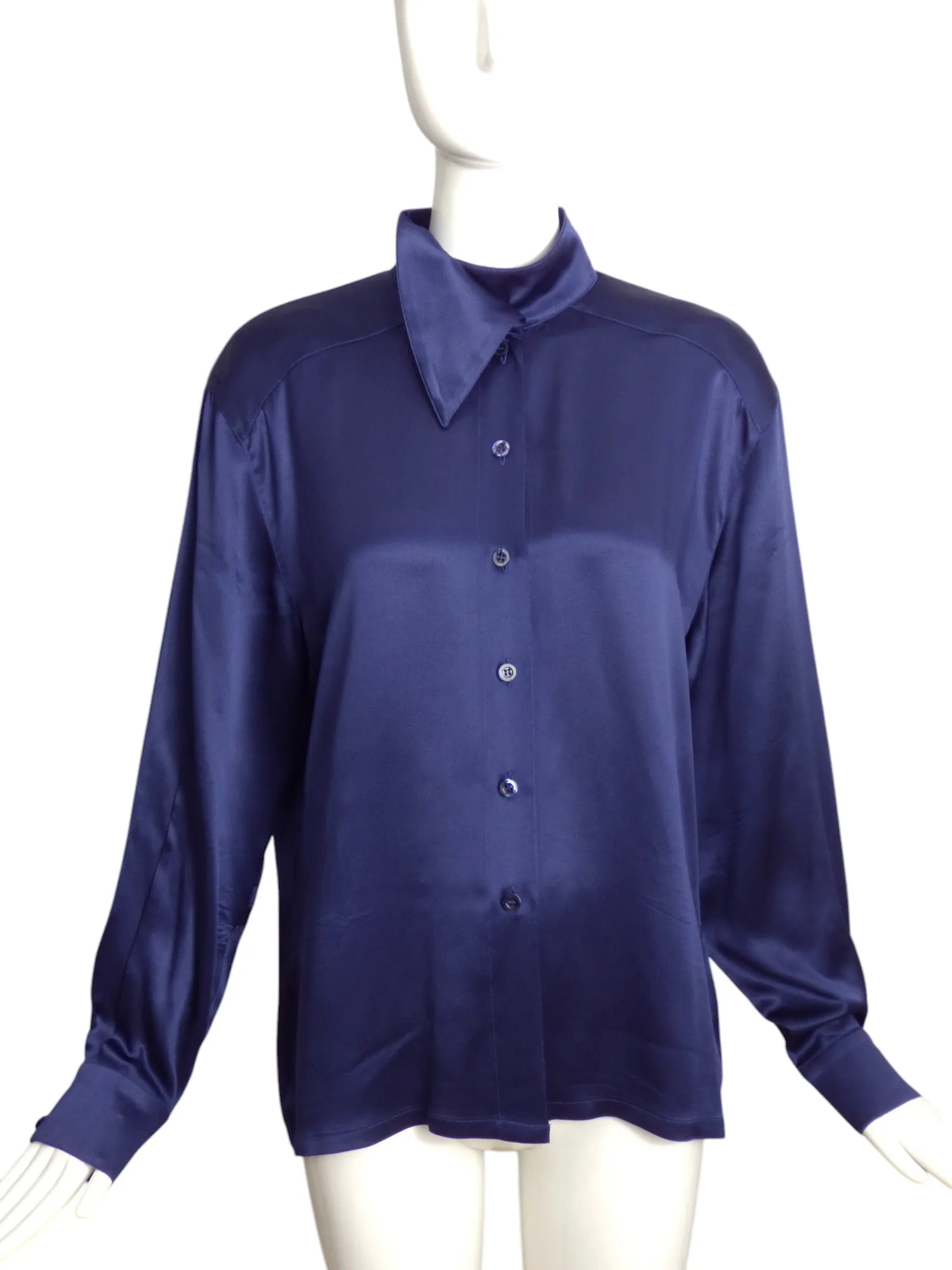 ESCADA- 1990s Navy Silk Blouse, Size-10