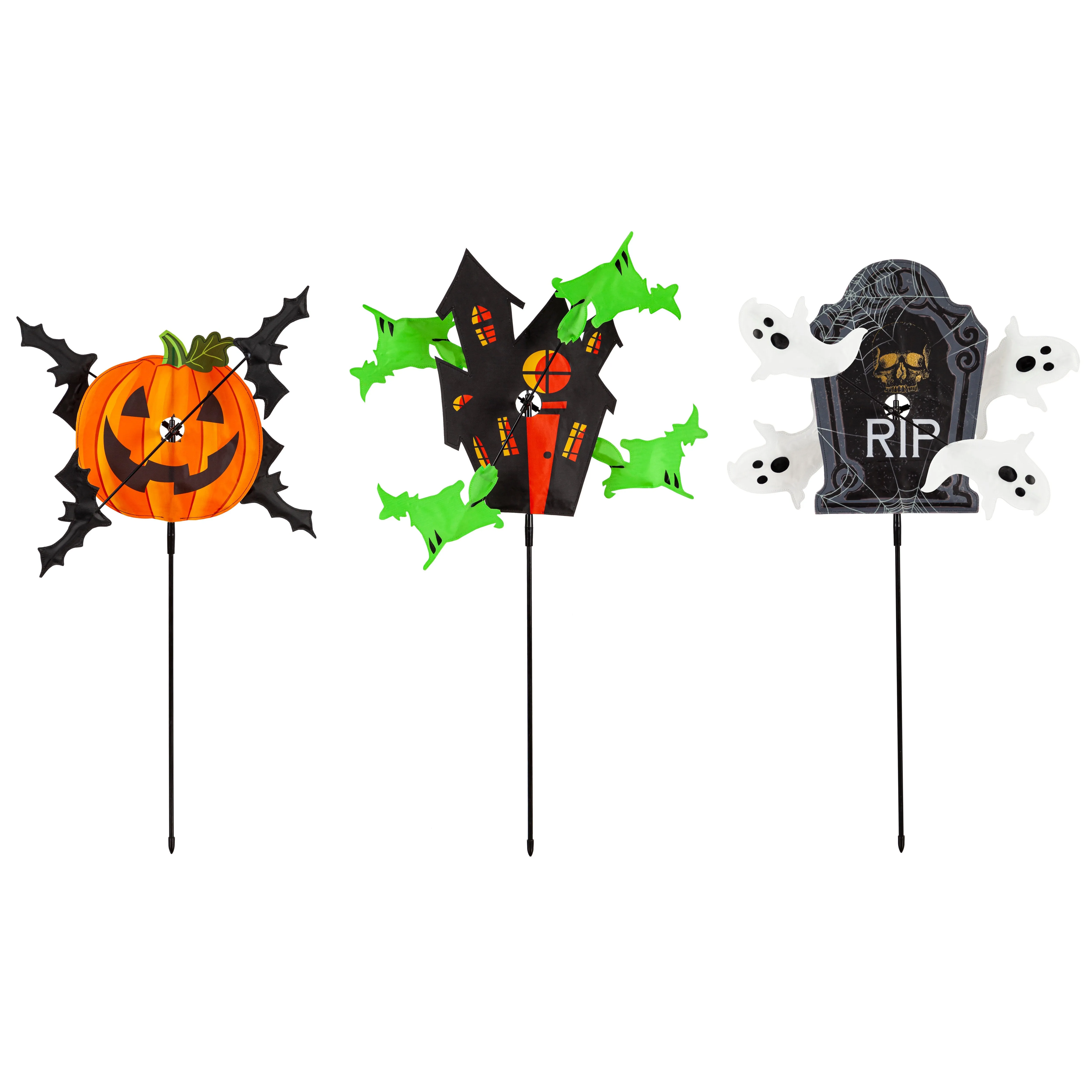 Evergreen Wind,Flying Friends Halloween Pinwheel Spinners, 3 Asst:  Flying Bats, Flying Ghost, Flying Witch,23x5x36 Inches