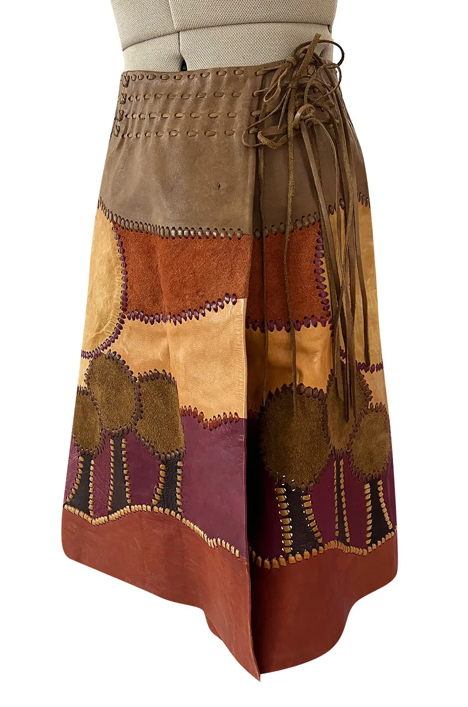 Extraordinary 1960s Char Hand Made Leather & Suede Wrap Scenic Patchwork Skirt