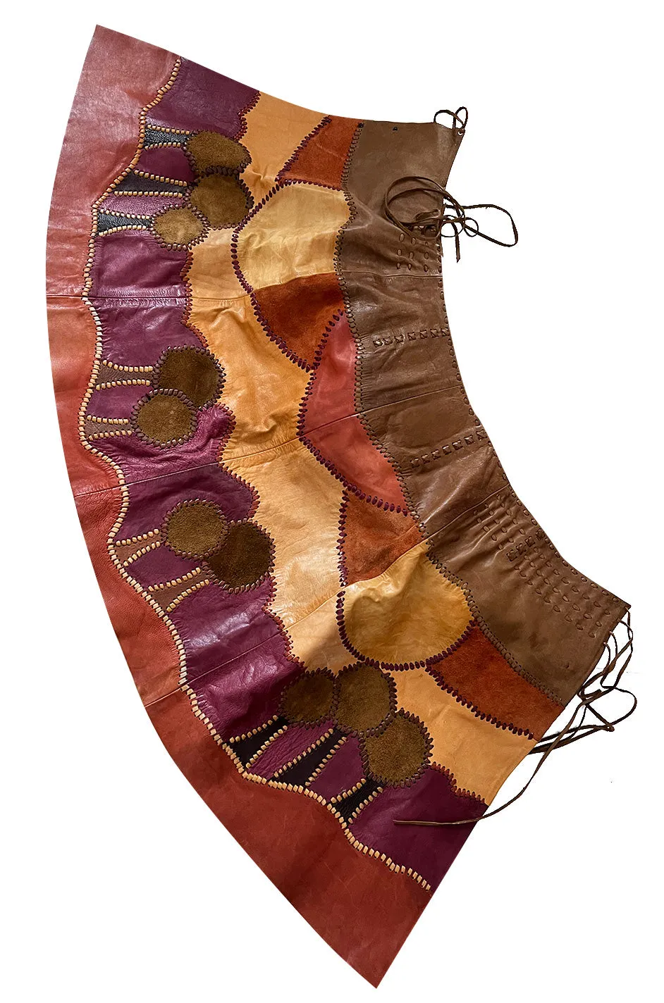Extraordinary 1960s Char Hand Made Leather & Suede Wrap Scenic Patchwork Skirt