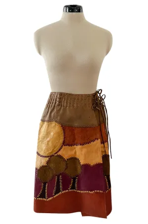 Extraordinary 1960s Char Hand Made Leather & Suede Wrap Scenic Patchwork Skirt