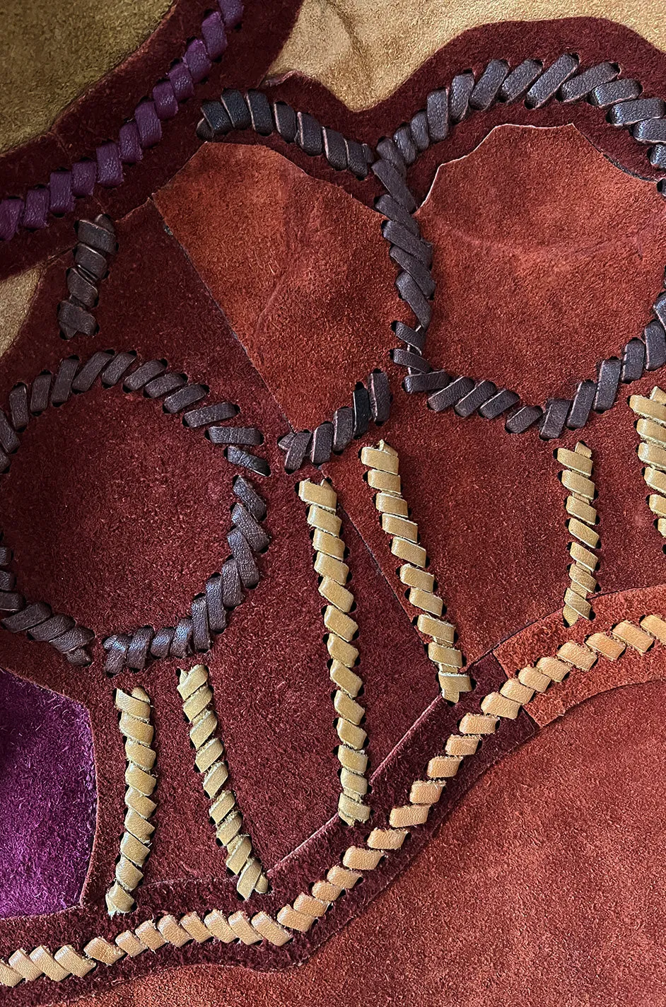 Extraordinary 1960s Char Hand Made Leather & Suede Wrap Scenic Patchwork Skirt