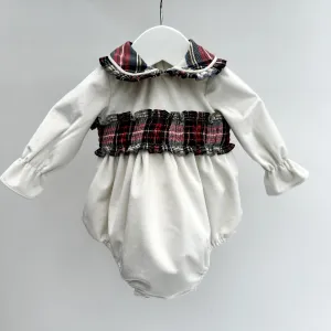 Fofettes Girls Ivory Exclusive Velvet Romper With Tartan