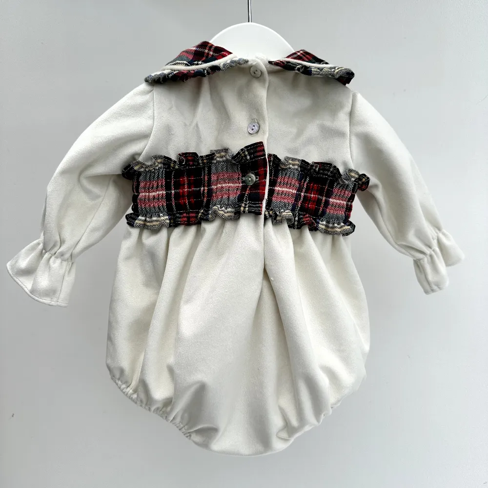 Fofettes Girls Ivory Exclusive Velvet Romper With Tartan