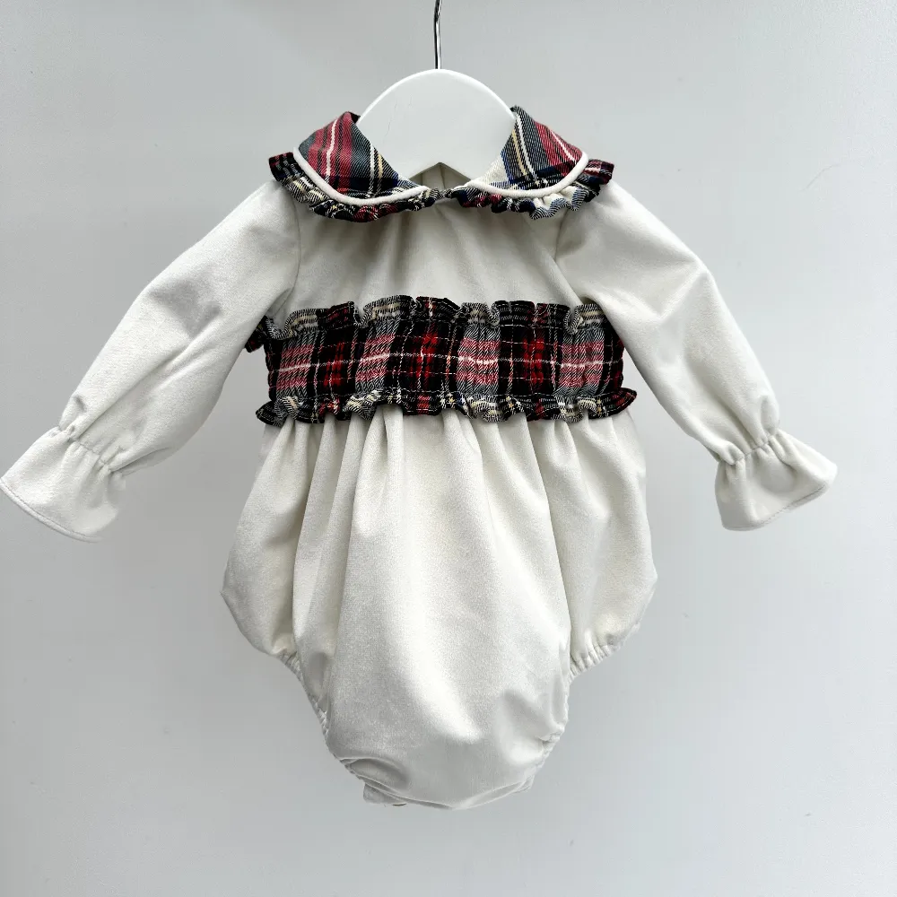 Fofettes Girls Ivory Exclusive Velvet Romper With Tartan