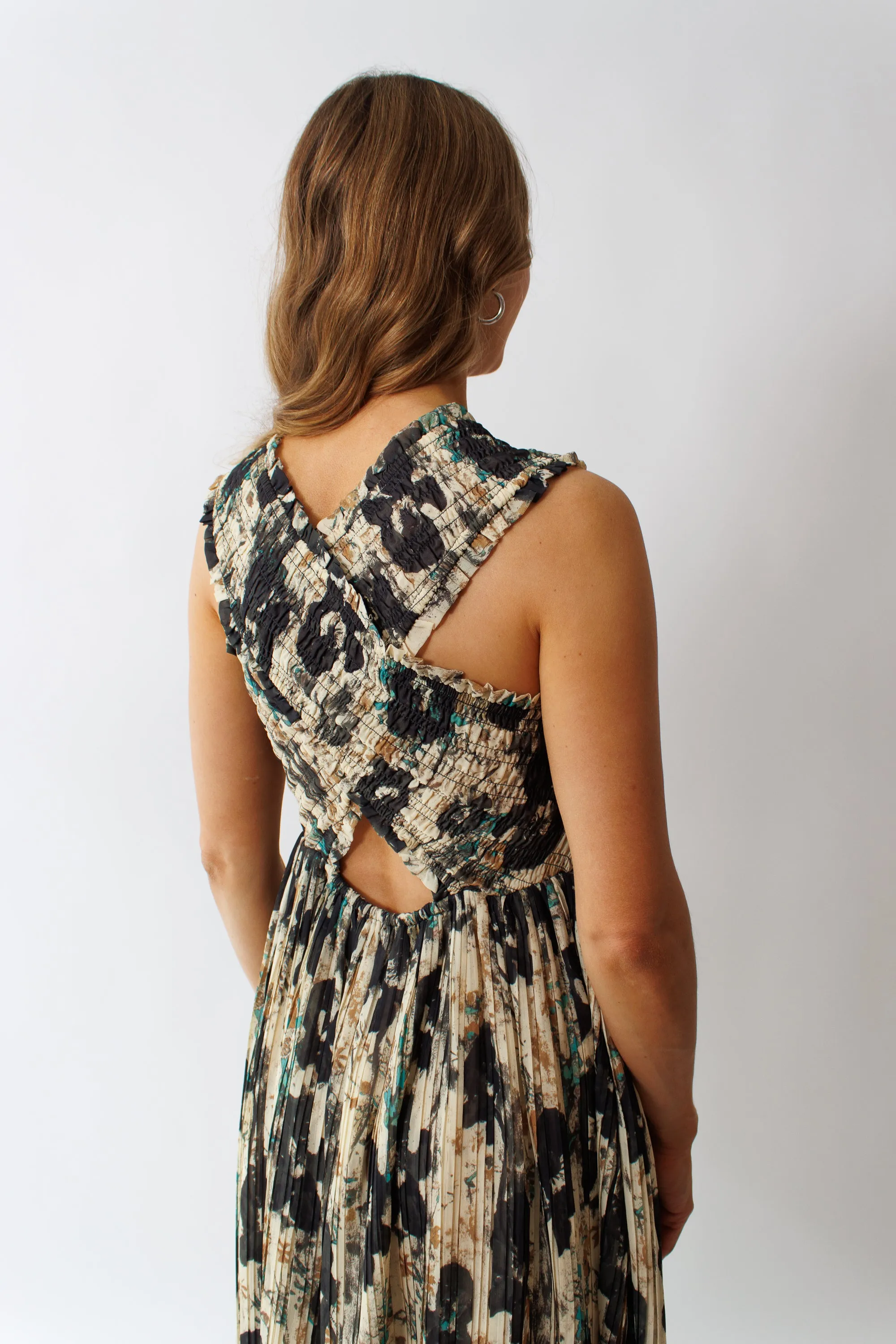 Ganni Printed Pleats Smock Midi Straps Dress