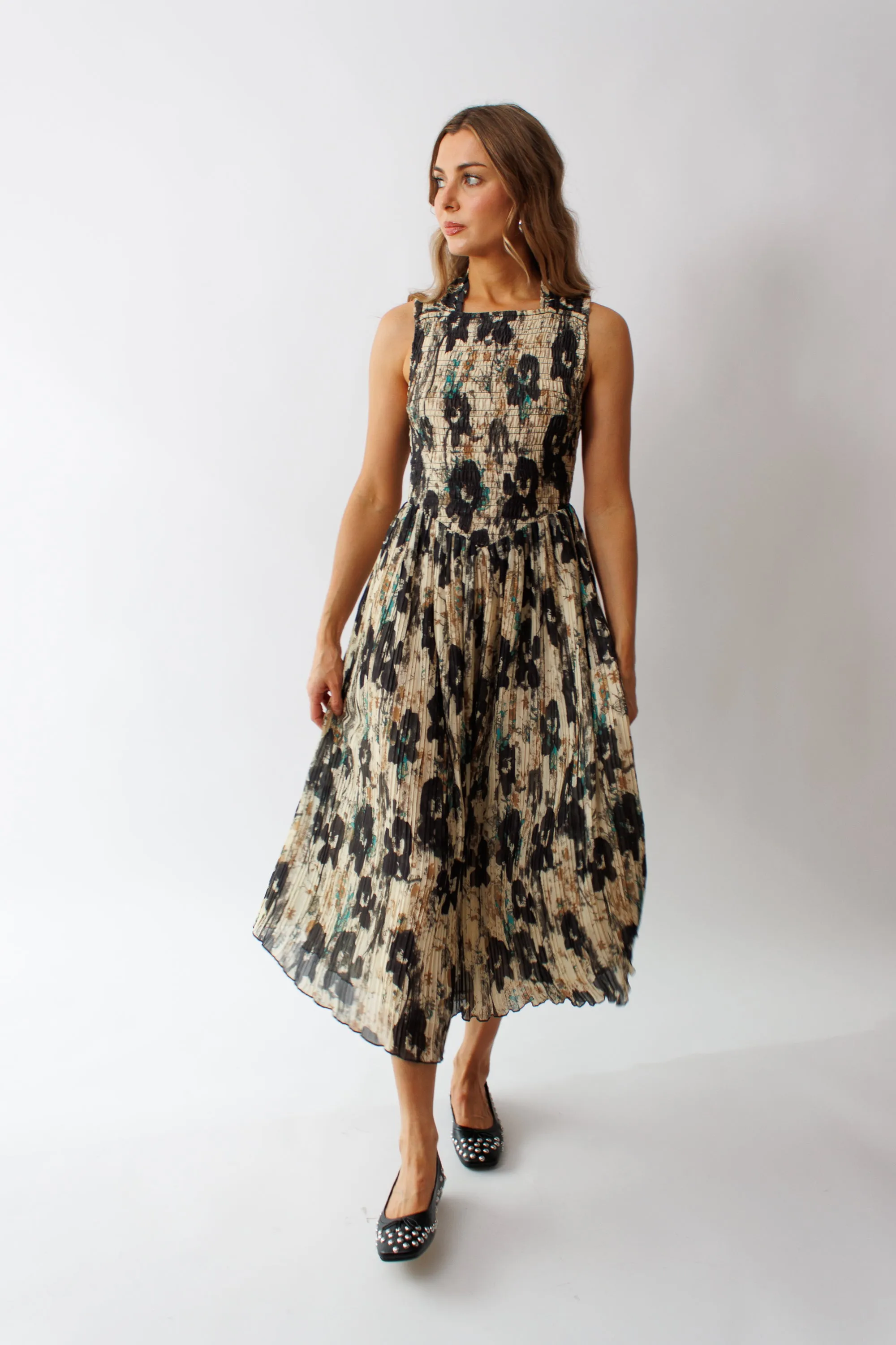 Ganni Printed Pleats Smock Midi Straps Dress