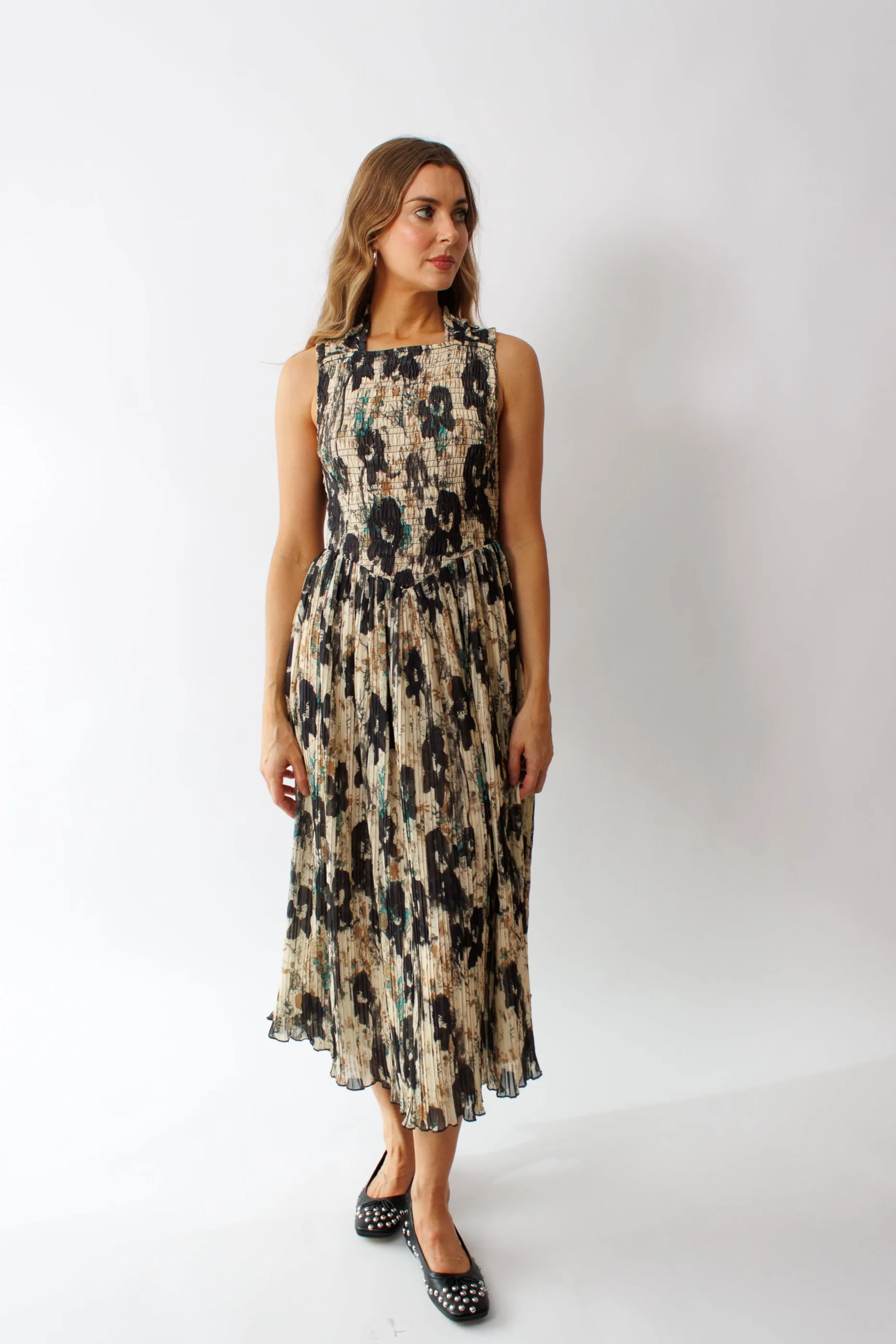Ganni Printed Pleats Smock Midi Straps Dress