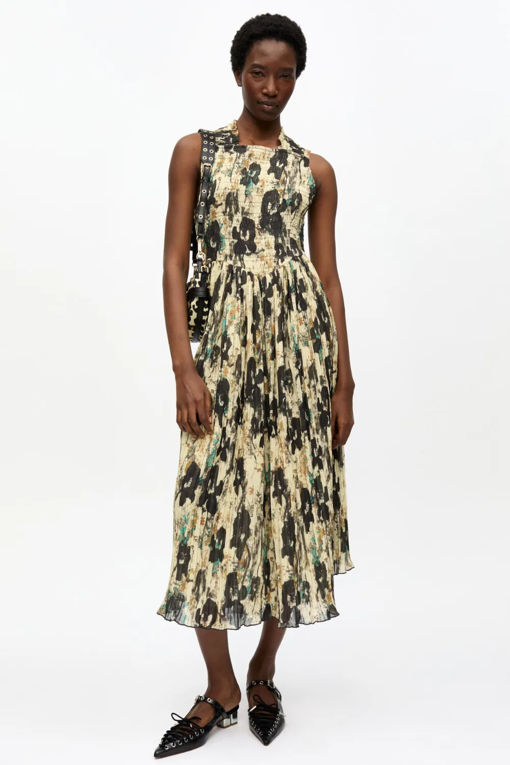 Ganni Printed Pleats Smock Midi Straps Dress