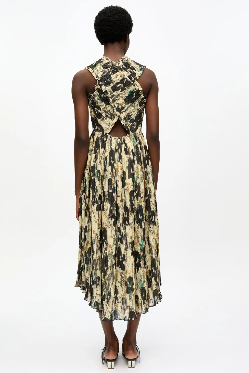 Ganni Printed Pleats Smock Midi Straps Dress