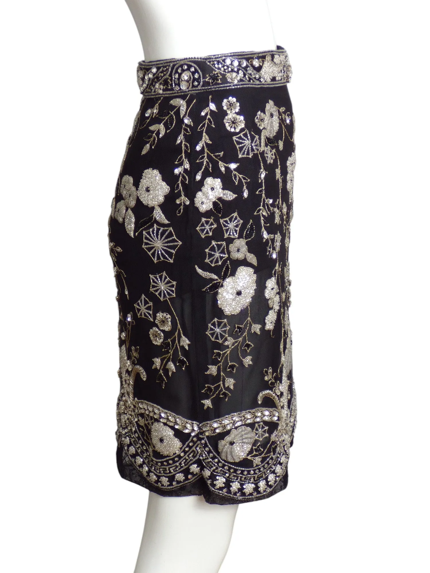 GENNY- Black & Silver Beaded Net Skirt, Size-4