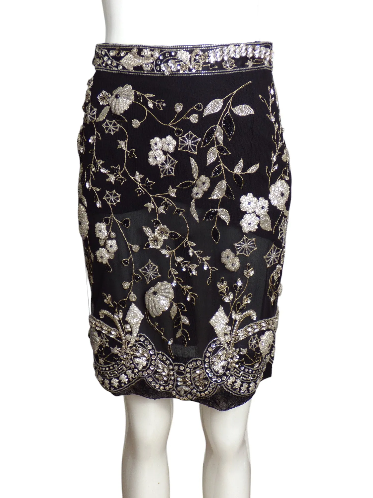 GENNY- Black & Silver Beaded Net Skirt, Size-4