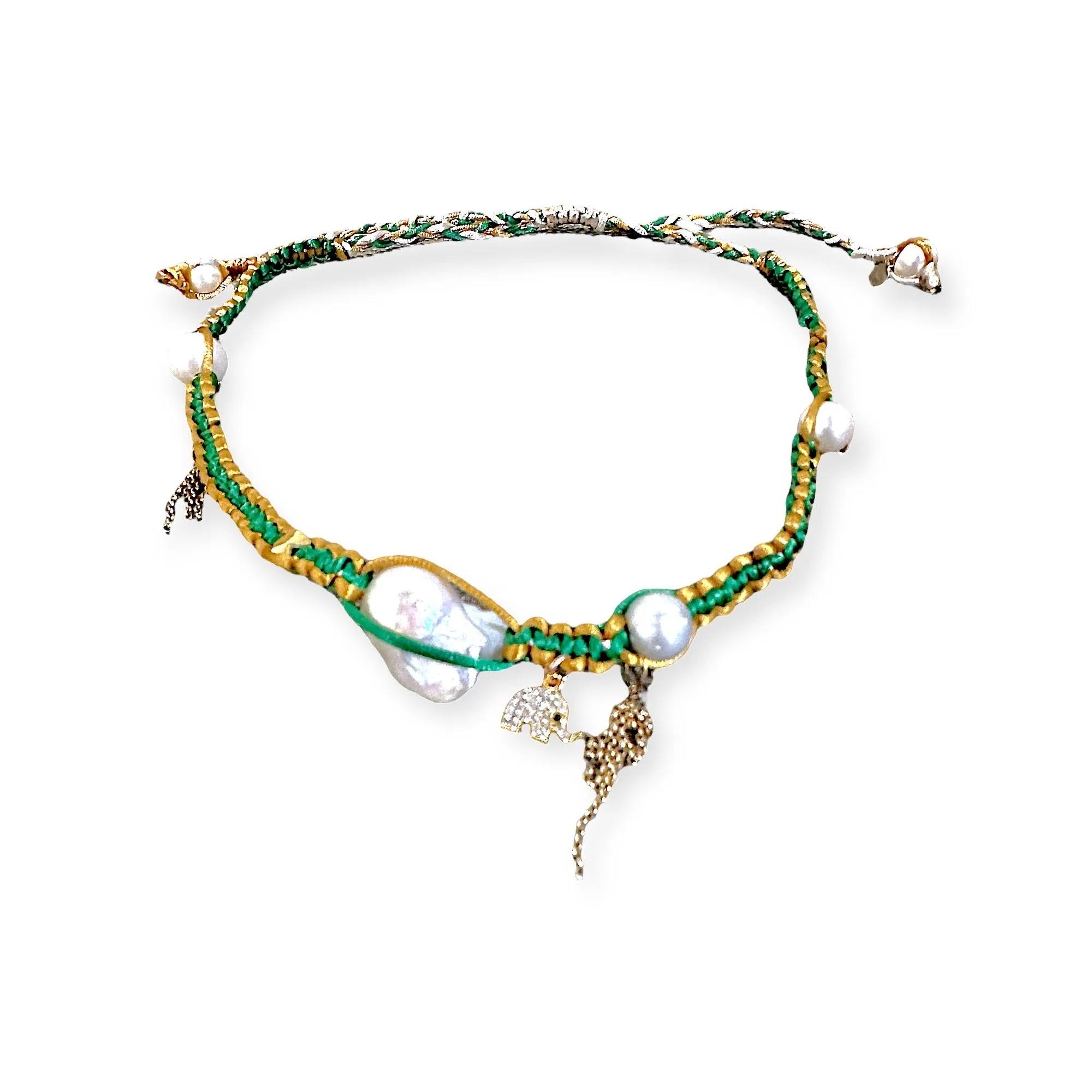 GOLDEN LUCKY ELEPHANT CHARM BAROQUE PEARL AND GOLD SILK ROCKER NECKLACE
