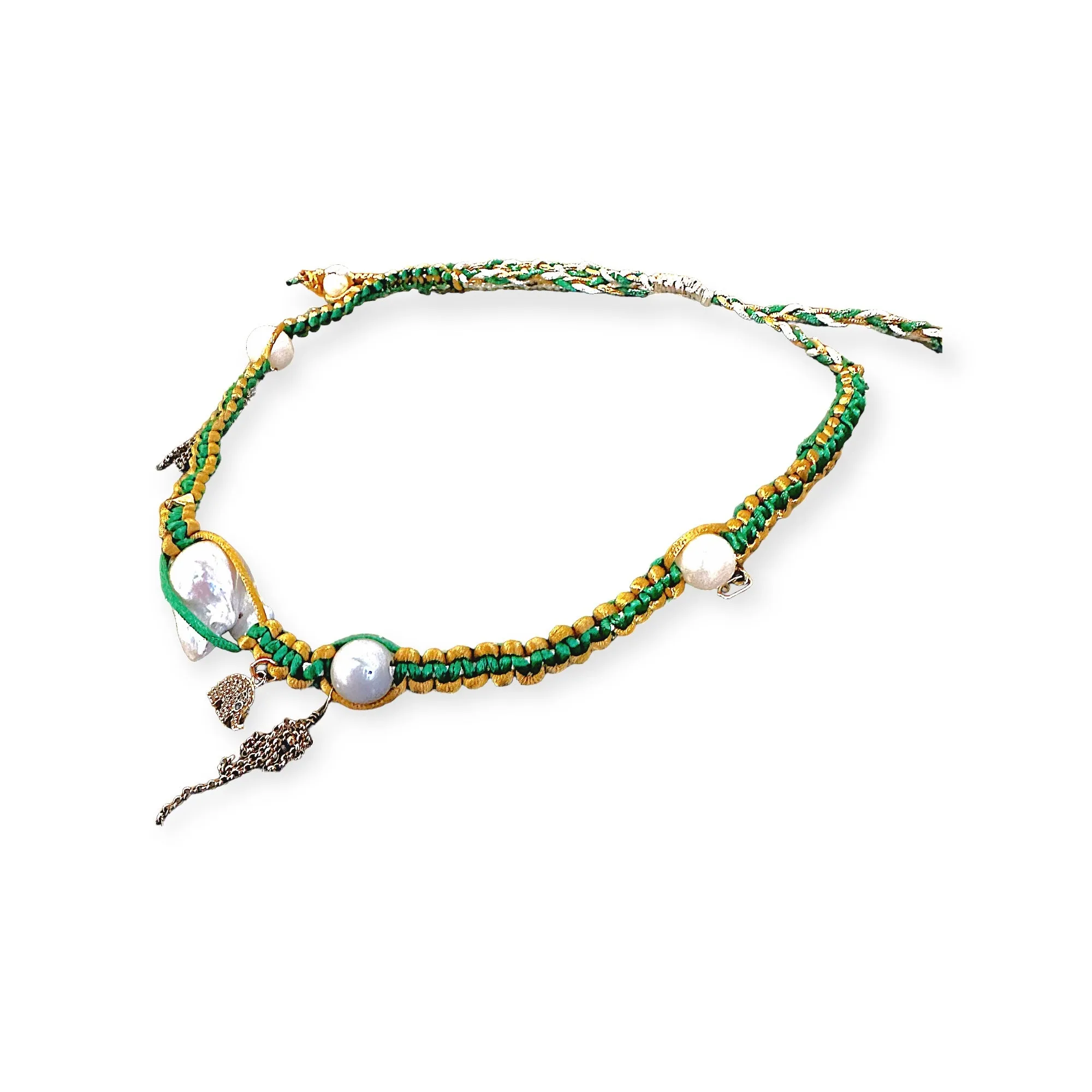 GOLDEN LUCKY ELEPHANT CHARM BAROQUE PEARL AND GOLD SILK ROCKER NECKLACE