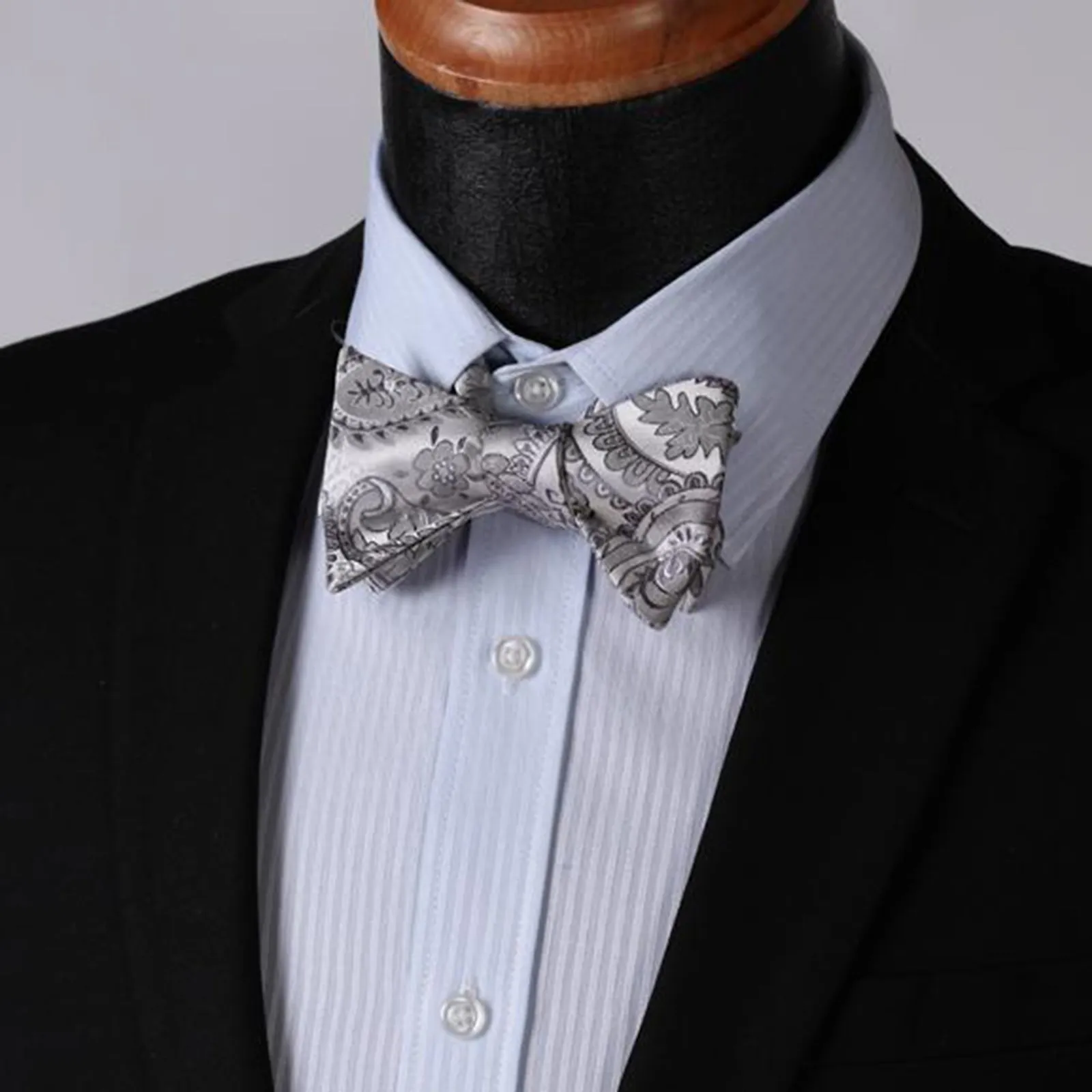 Gray Paisley Mens Silk Self tie Bow Tie with Pocket Squares Set