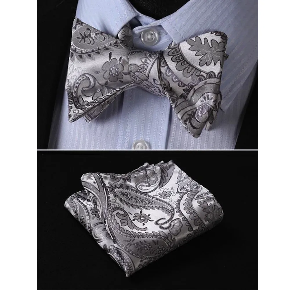 Gray Paisley Mens Silk Self tie Bow Tie with Pocket Squares Set