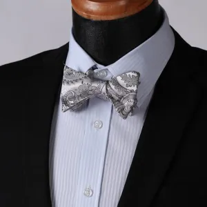 Gray Paisley Mens Silk Self tie Bow Tie with Pocket Squares Set