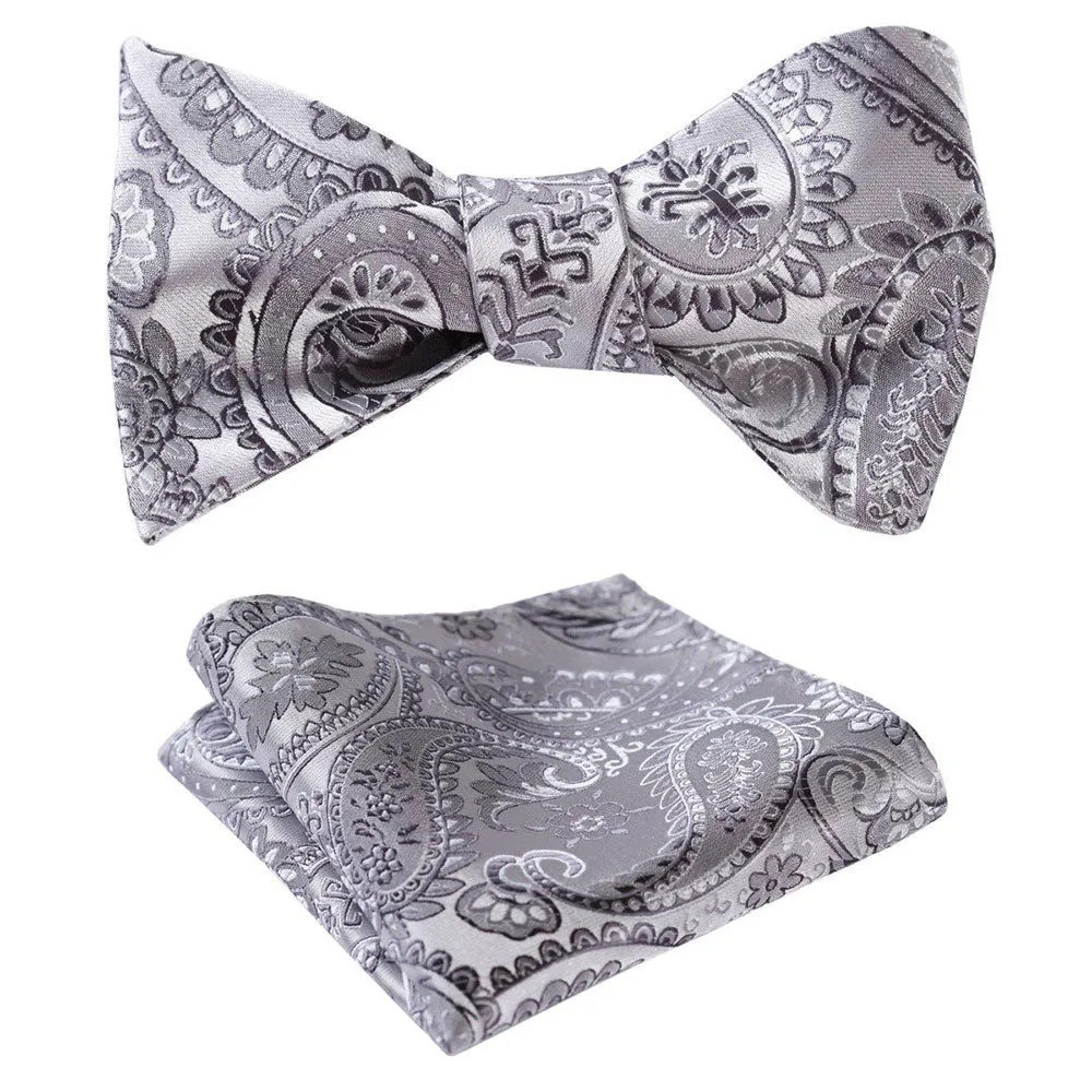 Gray Paisley Mens Silk Self tie Bow Tie with Pocket Squares Set