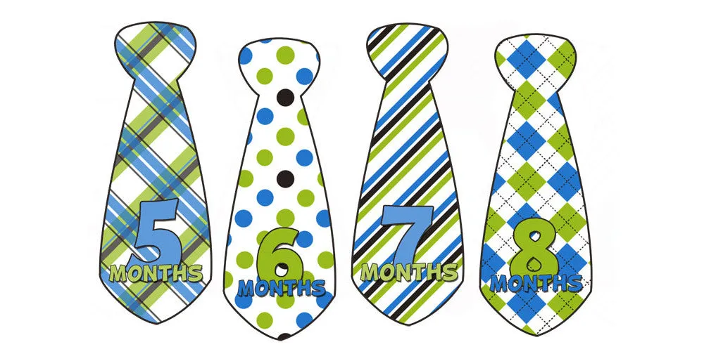 Green and Blue Patterned Baby Month Stickers - Tie Shaped