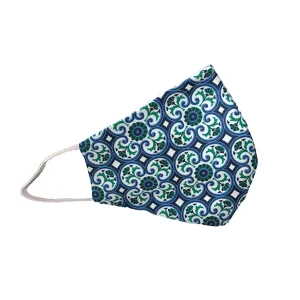 Green, Navy, Blue, and White Floral Tile Print Double-Layer Mask