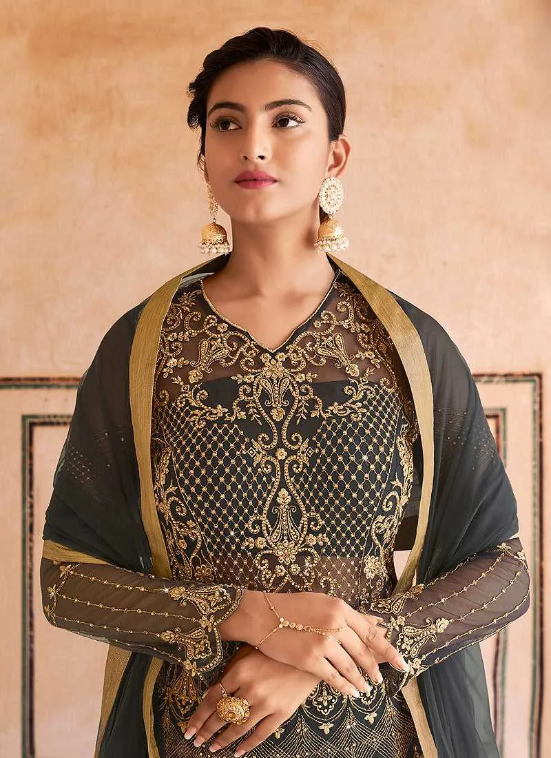 Grey Gold Heavy Embroidered Lehenga Style Anarkali