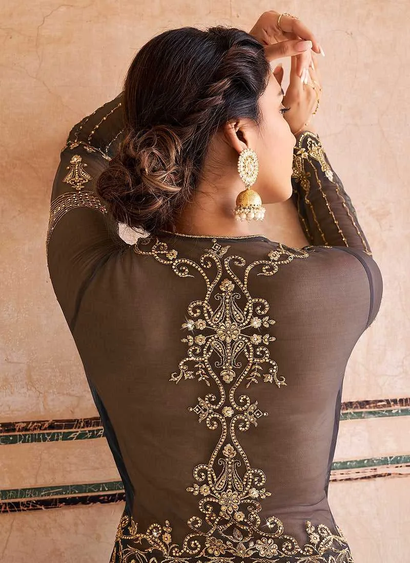 Grey Gold Heavy Embroidered Lehenga Style Anarkali