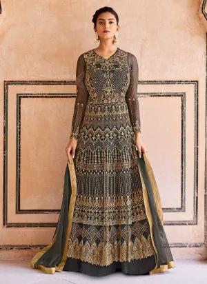 Grey Gold Heavy Embroidered Lehenga Style Anarkali
