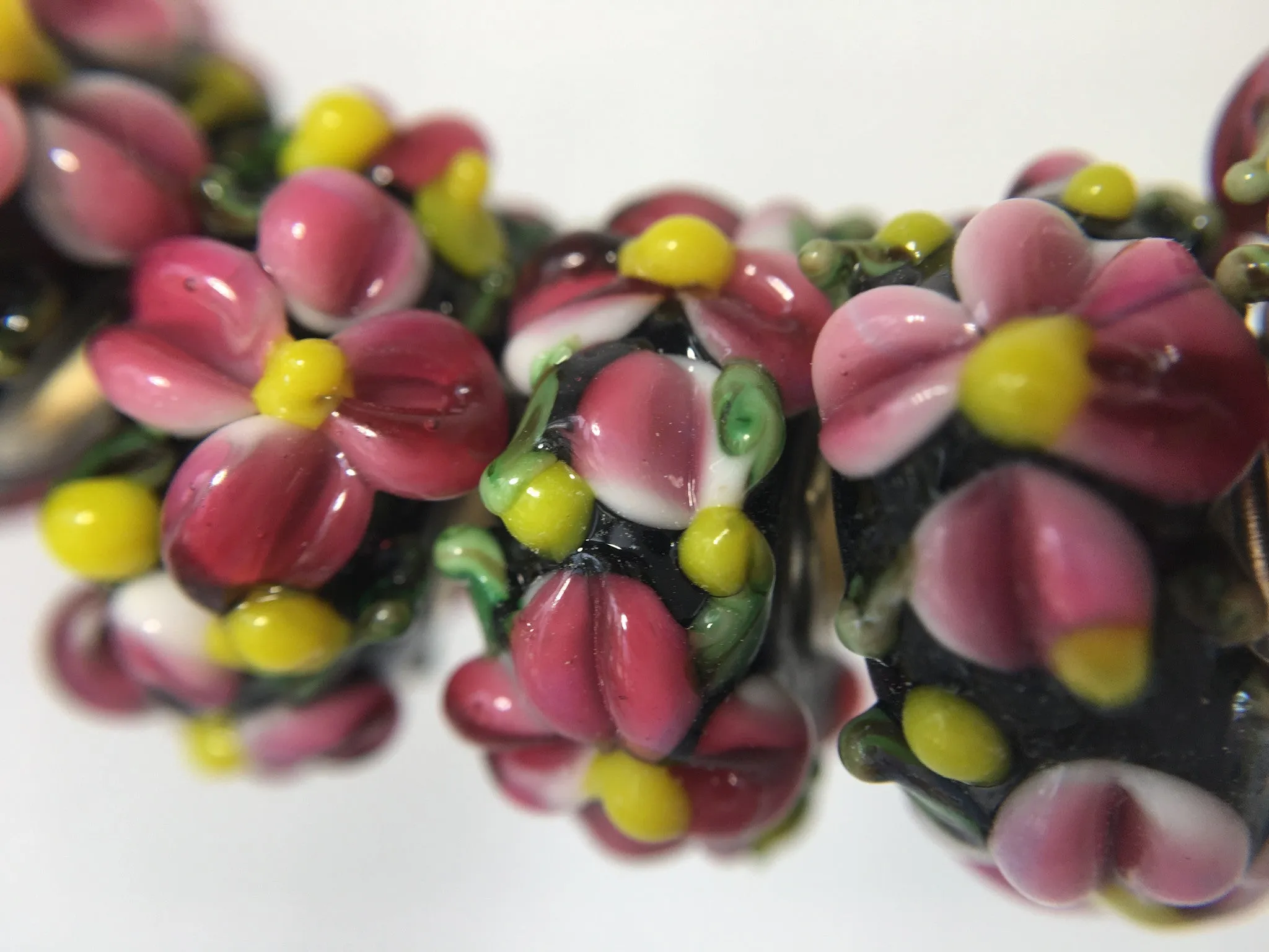 HAUKEA- European Lampwork Glass HAWAIIAN PINK & YELLOW FLOWERS Large Hole Bead