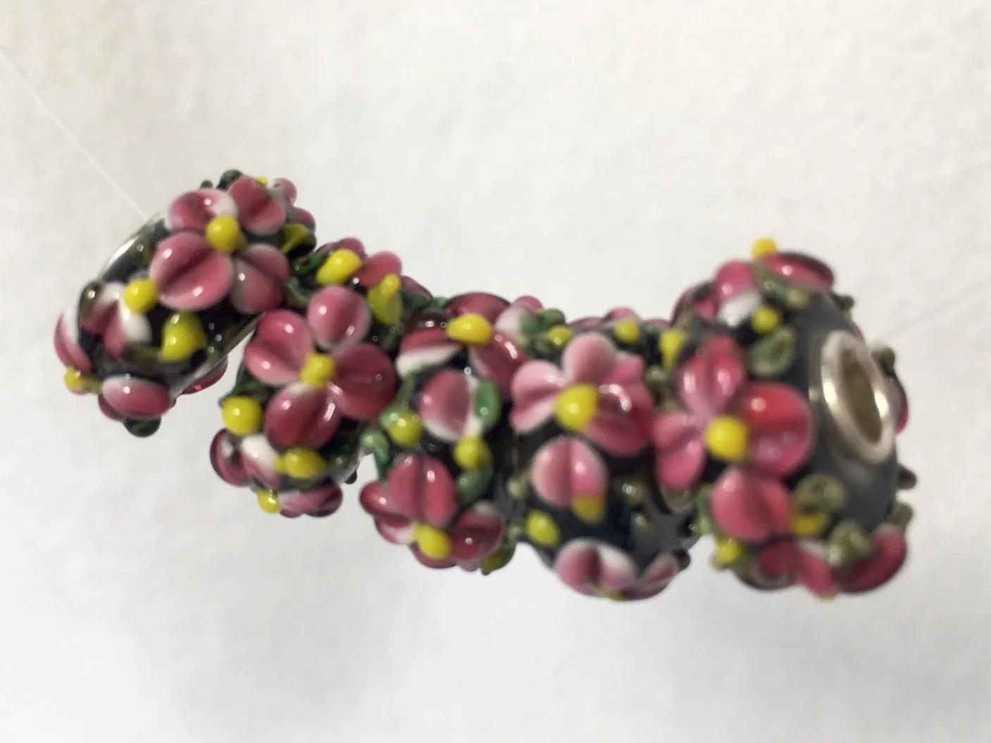 HAUKEA- European Lampwork Glass HAWAIIAN PINK & YELLOW FLOWERS Large Hole Bead