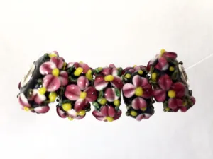 HAUKEA- European Lampwork Glass HAWAIIAN PINK & YELLOW FLOWERS Large Hole Bead