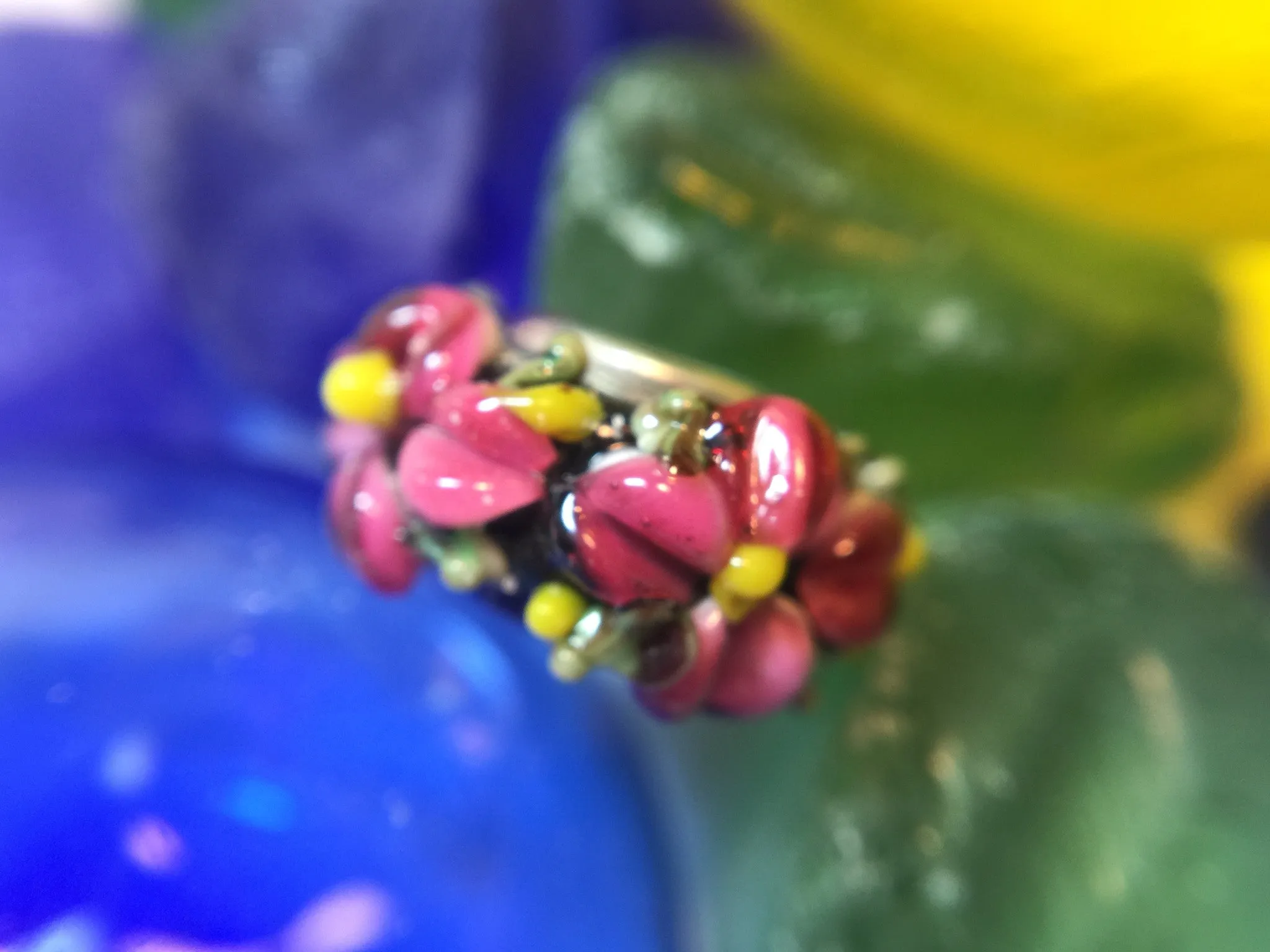 HAUKEA- European Lampwork Glass HAWAIIAN PINK & YELLOW FLOWERS Large Hole Bead