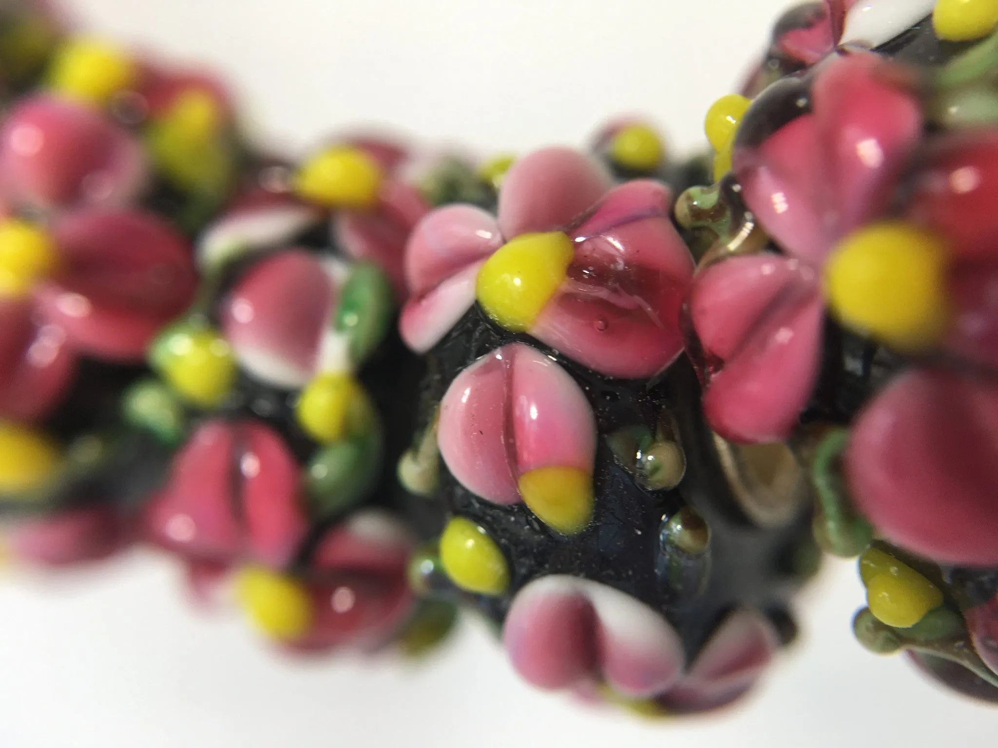 HAUKEA- European Lampwork Glass HAWAIIAN PINK & YELLOW FLOWERS Large Hole Bead