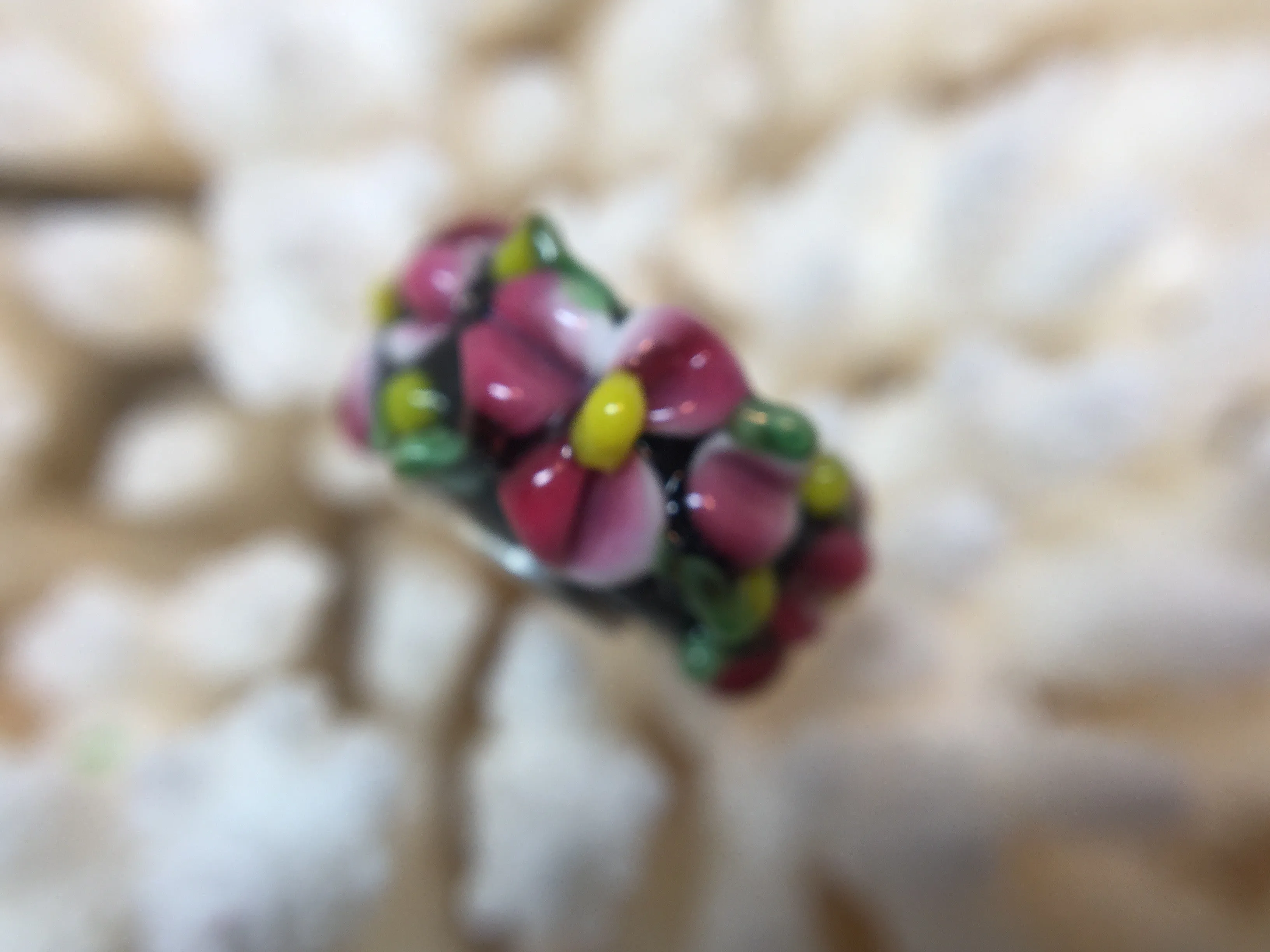 HAUKEA- European Lampwork Glass HAWAIIAN PINK & YELLOW FLOWERS Large Hole Bead