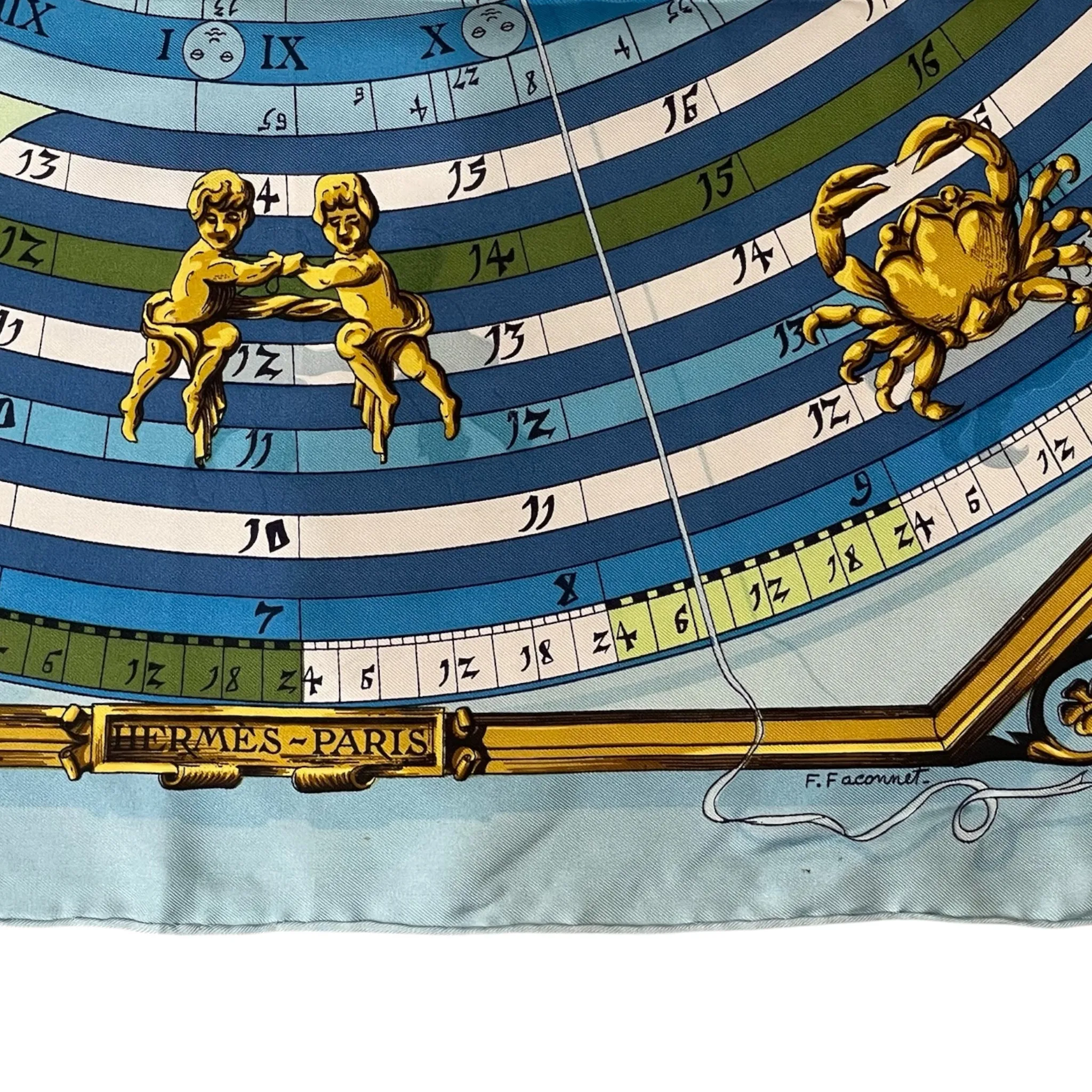Hermes 1990's "Astrologie Forever" Blue Horoscope  Print by F. Faconnet Silk Twill Scarf