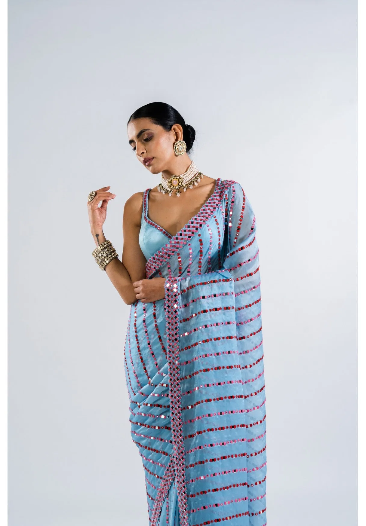 Ice Blue Heavy Mirror Work Saree Set