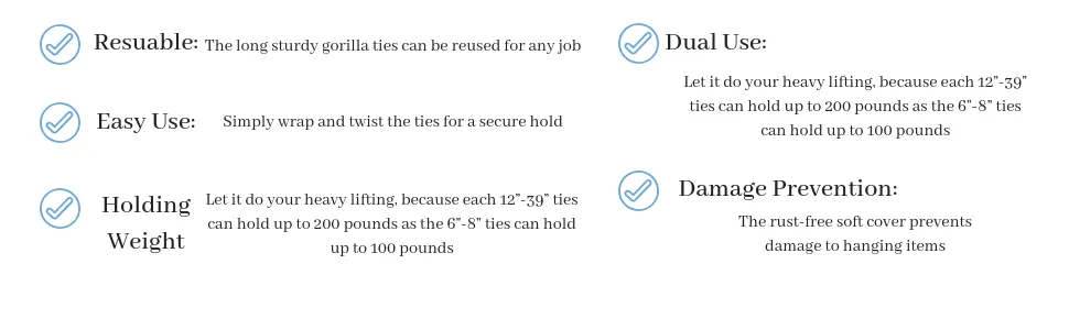 IdeaWorks Gorilla Ties - Reusable Ties for Hanging Items - Rust-Free Material - for Indoor & Outdoor Use (4, 39")