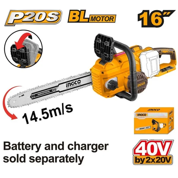 Ingco 40V Brushless 16" Lithium-Ion Cordless Chain Saw with 14.5m/s Chain Speed – CGSLI40168