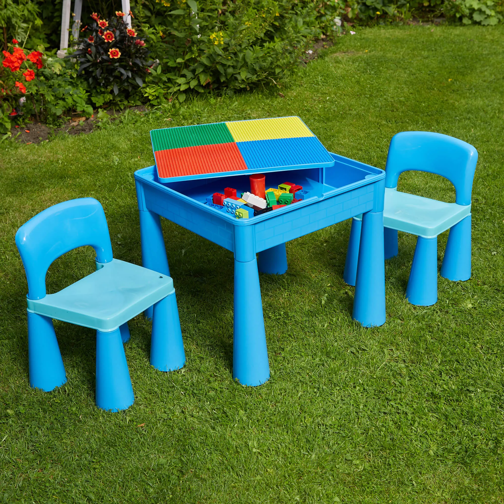 Kid's Indoor | Outdoor 4-in-1 Plastic Table & 2 Chairs Set | Lego Board | Sand & Water Pit | Blues
